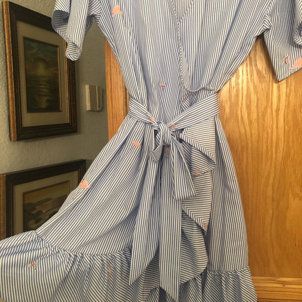 Blue white dress embroidered flamingos size med